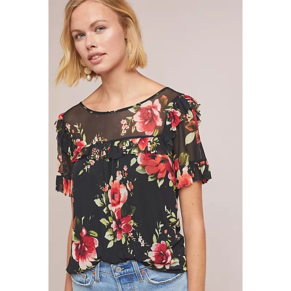 Sunday in Brooklyn Anthropologie Fabiana Floral Top Black Floral Size Med